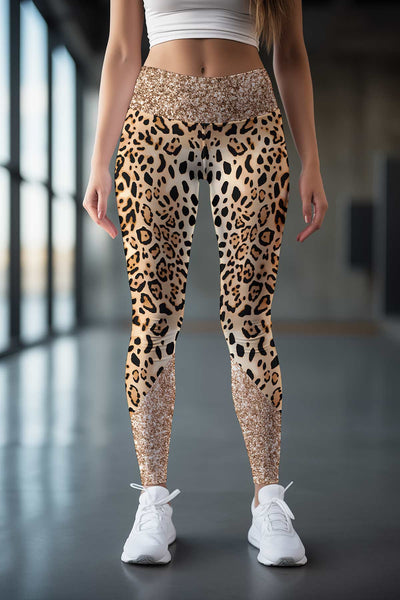 Brown Leopard Women's Yoga Leggings, Animal Print Ladies' Long