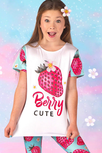 Pineapple Clothing Berry Cute Zoe White Fruity Strawberry Print Tropical Hawaiian T-Shirt, Girls Summer Designer Tee, Best School Outfit, Kids Resort Casual Wear / 7/8