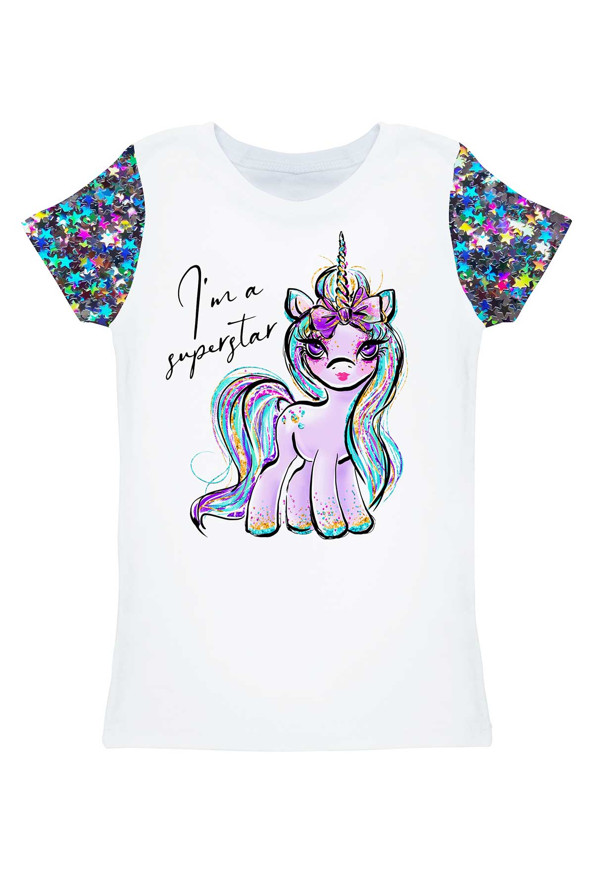 3 for $49! Hollywood Sparkle Zoe White Unicorn Print Designer T-Shirt - Women - Pineapple Clothing