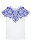 3 for $49! Nirvana Zoe White & Blue Geometric Boho Print T-Shirt - Women - Pineapple Clothing