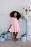 Baby Pink Blush Skater Fit & Flare 3/4 Sleeve Flowy Easter Party Dress - Girls