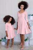 Baby Pink Blush Skater Fit & Flare 3/4 Sleeve Flowy Easter Party Dress - Girls