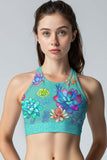 Bali Mint Starla Floral High Neck Padded Crop Top Sports Bra - Women