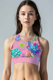 Bali Pink Starla Floral High Neck Padded Crop Top Sports Bra - Women