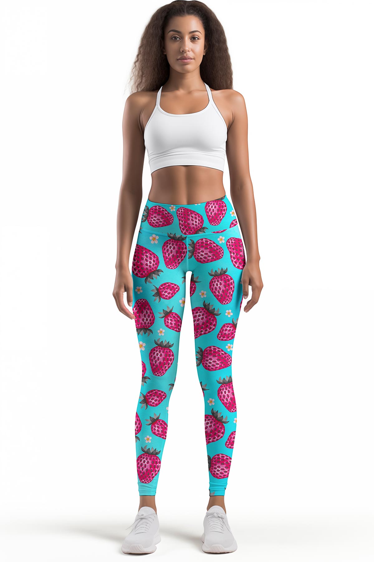 Turquoise Strawberry Print Summer Leggings for Women High Waist Super Soft Vibrant Berry Cute by Pineapple Clothing