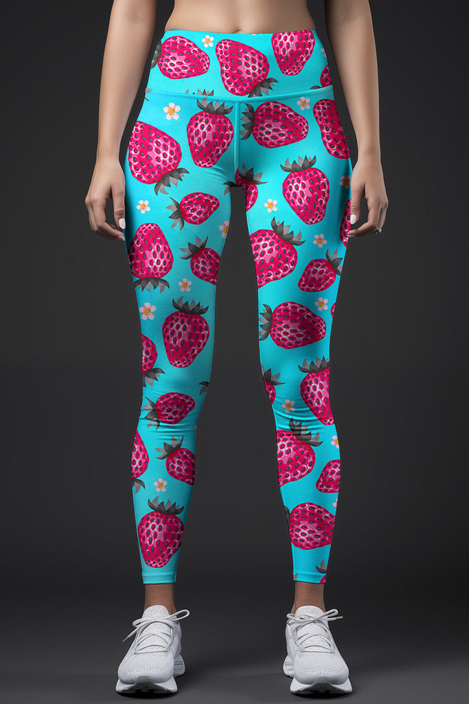 Berry Cute Lucy Blue Strawberry Print Leggings Yoga Pants