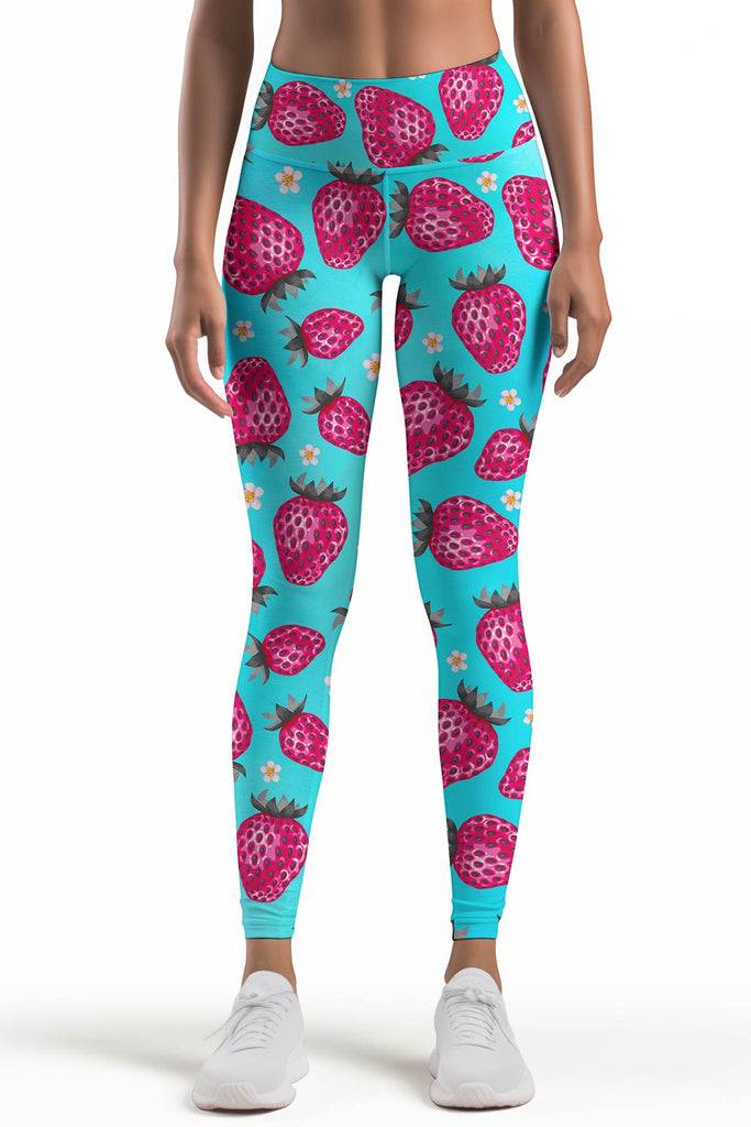 Berry Cute Lucy Blue Strawberry Print Leggings Yoga Pants