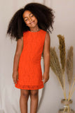 Bright Neon Orange Stretchy Lace Shift Summer Dress - Girls