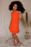 Bright Neon Orange Lace Sleeveless Summer Holiday Party Dress - Girls