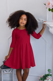 Bright Red Skater Flowy 3/4 Sleeve Easter Birthday Party Dress - Girls