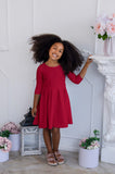 Bright Red Skater Flowy 3/4 Sleeve Easter Birthday Party Dress - Girls