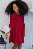 Bright Red Skater Flowy 3/4 Sleeve Easter Birthday Party Dress - Girls