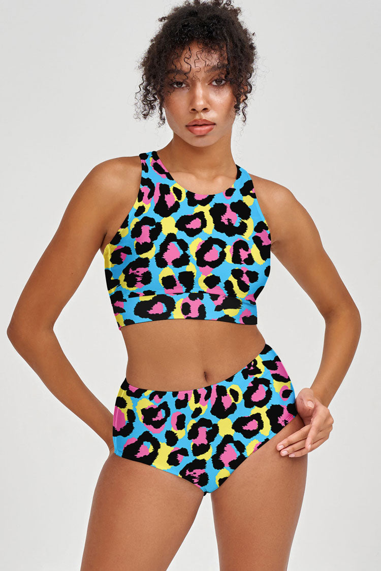 Chica Bomb Carly Blue Leopard Print High Neck Crop Bikini Top - Women - Pineapple Clothing