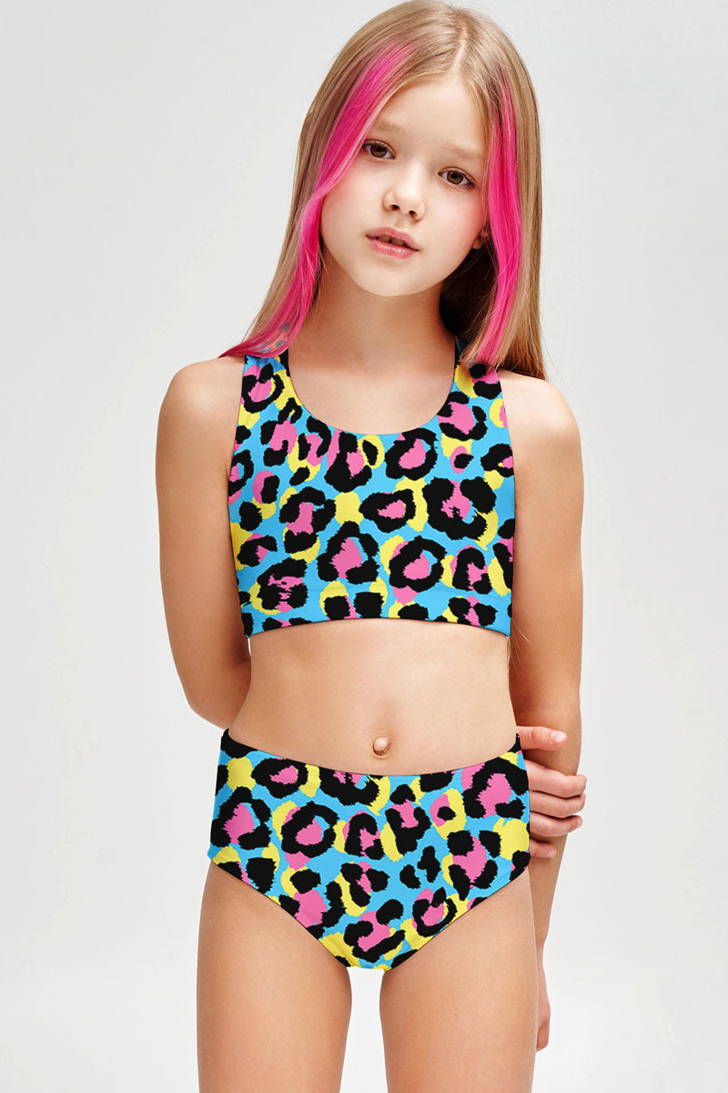 Chica Bomb Claire Blue Leopard Two-Piece Swimsuit Sporty Set - Girls - Pineapple Clothing