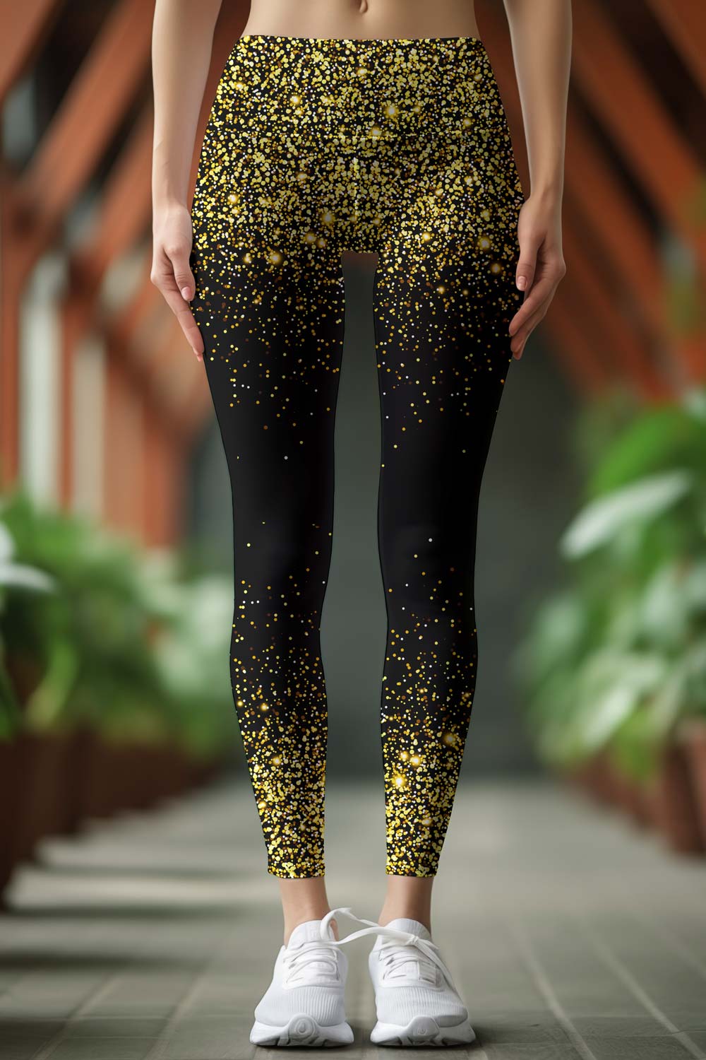 Black Gold Glitter Print Workout Leggings for Women High Waist Most Comfortable Shiny Chichi by Pineapple Clothing