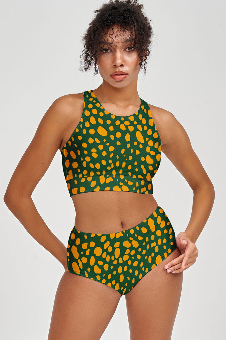 Collagen Carly Green Abstract Print High Neck Crop Bikini Top - Women - Pineapple Clothing