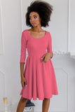 Coral Pink Skater 3/4 Sleeve Flowy Holiday Easter Party Dress - Women