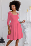 Coral Pink Skater 3/4 Sleeve Flowy Holiday Easter Party Dress - Women