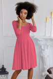 Coral Pink Skater 3/4 Sleeve Flowy Holiday Easter Party Dress - Women