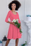 Coral Pink Skater 3/4 Sleeve Flowy Holiday Easter Party Dress - Women