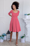 Coral Pink Skater 3/4 Sleeve Flowy Holiday Easter Party Dress - Women