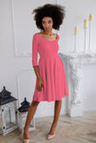 Coral Pink Skater 3/4 Sleeve Flowy Holiday Easter Party Dress - Women