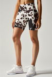 Cowgirl Karen White Brown Cow Animal Print Yoga Biker Shorts - Women