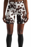 Cowgirl Karen White Brown Cow Animal Print Yoga Biker Shorts - Women