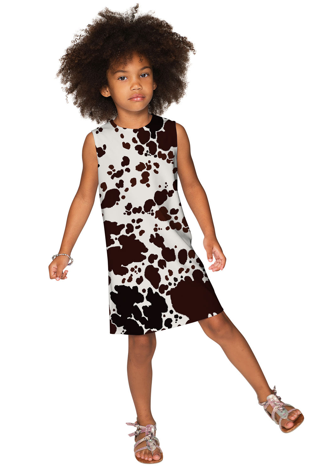 Cowgirl Adele White Brown Cow Animal Print Holiday Shift Dress - Girls - Pineapple Clothing