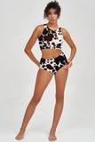 Cowgirl Cara White Brown Cow High-Waist Hipster Bikini Bottom - Women - Pineapple Clothing