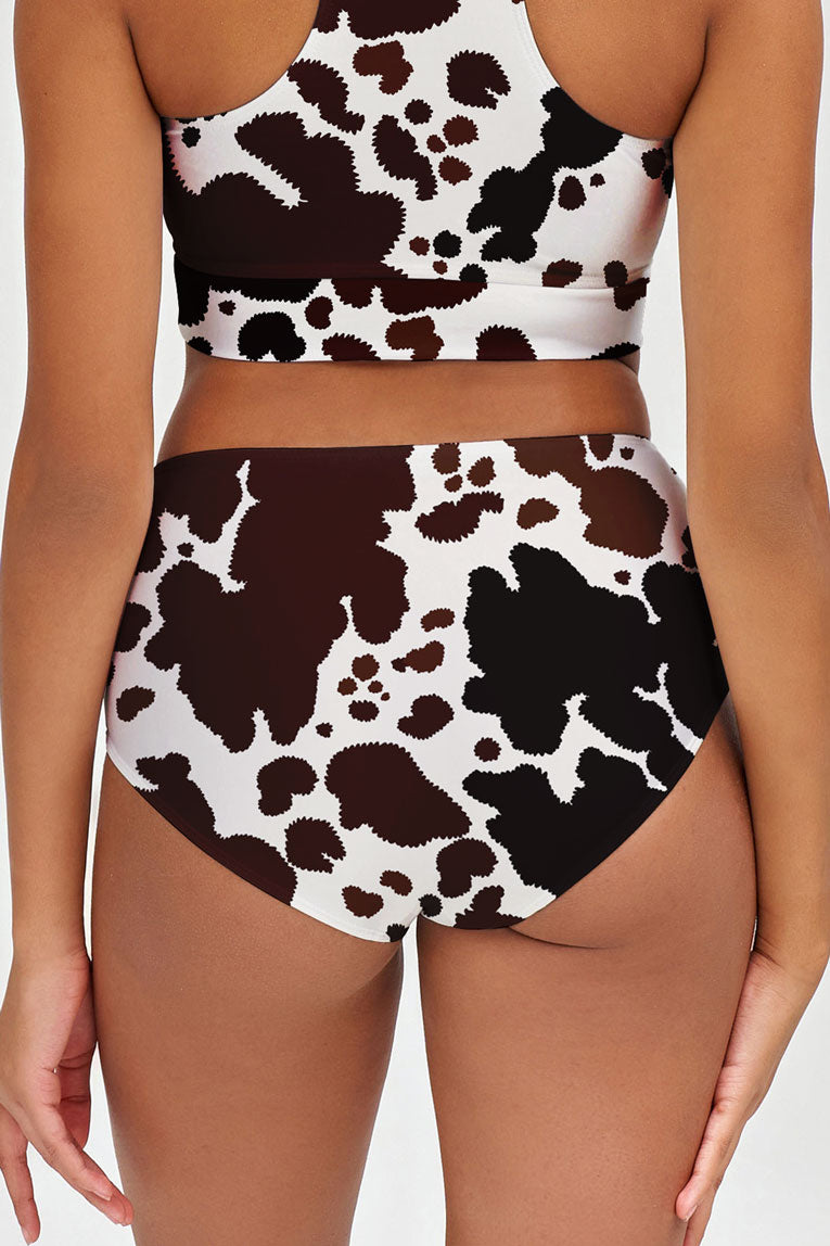 Cowgirl Cara White Brown Cow High-Waist Hipster Bikini Bottom - Women - Pineapple Clothing