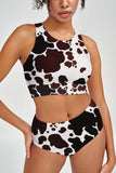 Cowgirl Carly White Brown Cow Print High Neck Crop Bikini Top - Women - Pineapple Clothing