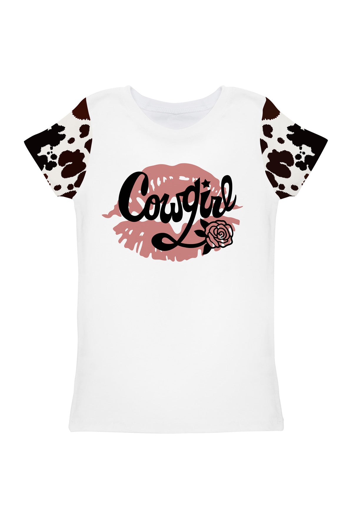 Cowgirl Zoe White Brown Cow Print Summer Cute Designer T-Shirt - Girls - Pineapple Clothing
