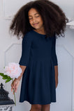 Deep Navy Blue Skater Fit & Flare 3/4 Sleeve Tea Party Dress - Girls