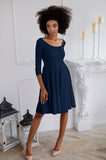 Deep Navy Blue Skater 3/4 Sleeve Flowy Easter Party Dress - Women