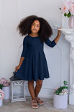 Deep Navy Blue Skater Fit & Flare 3/4 Sleeve Tea Party Dress - Girls