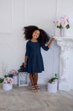 Deep Navy Blue Skater Fit & Flare 3/4 Sleeve Tea Party Dress - Girls