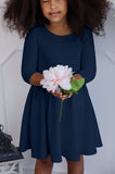 Deep Navy Blue Skater Fit & Flare 3/4 Sleeve Tea Party Dress - Girls