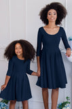 Deep Navy Blue Skater Fit & Flare 3/4 Sleeve Tea Party Dress - Girls