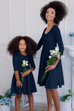 Deep Navy Blue Skater Fit & Flare Easter Party Mommy and Me Dresses