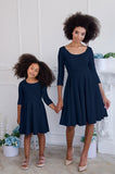 Deep Navy Blue Skater Fit & Flare Easter Party Mommy and Me Dresses