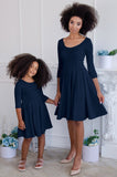 Deep Navy Blue Skater Fit & Flare Easter Party Mommy and Me Dresses