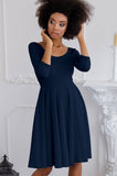 Deep Navy Blue Skater 3/4 Sleeve Flowy Easter Party Dress - Women