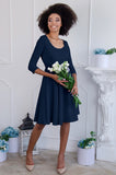 Deep Navy Blue Skater 3/4 Sleeve Flowy Easter Party Dress - Women