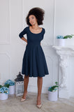 Deep Navy Blue Skater 3/4 Sleeve Flowy Easter Party Dress - Women