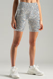 Diamanté Karen Grey Diamond Printed Workout Yoga Biker Shorts - Women