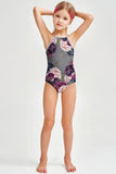 Duchess Becky Grey Floral Full Coverage One-Piece Swimsuit - Girls