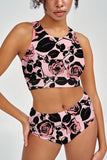 Flirty Girl Carly Pink Flower Print High Neck Crop Bikini Top - Women