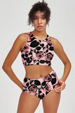 Flirty Girl Carly Pink Flower Print High Neck Crop Bikini Top - Women
