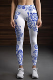 Flowerful Lucy White Blue Floral Printed Leggings Yoga Pants - Women